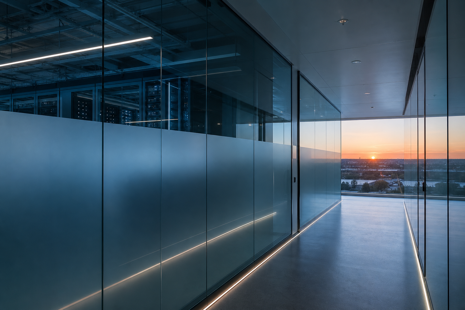 A calm glass architectural facade at dusk — suggesting secure, enduring systems built with clarity for the long term.